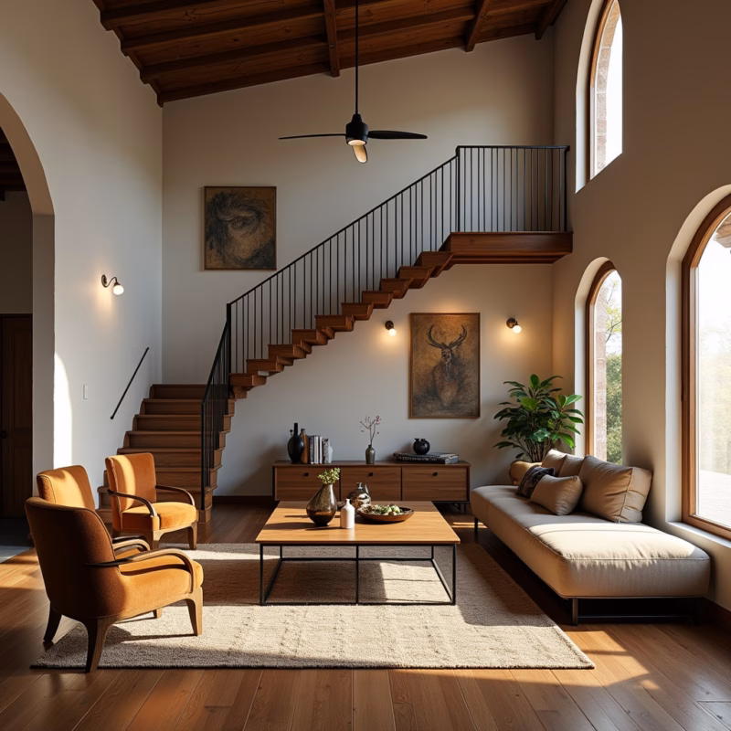 Living room with iron and wood staircase, cozy atmosphere, Brazilian design elements, warm Sala de estar com escada de ferro e madeira.