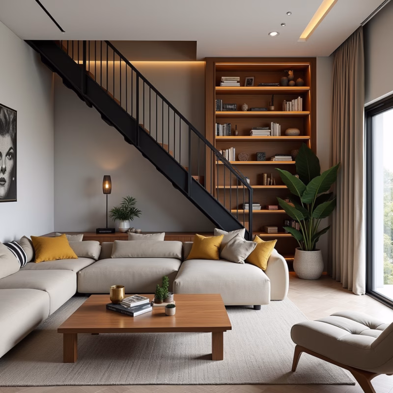 Living room with iron staircase and built-in bookcase, optimized space, modern design, Brazilian Sala de TV com escada de ferro e estante embutida.