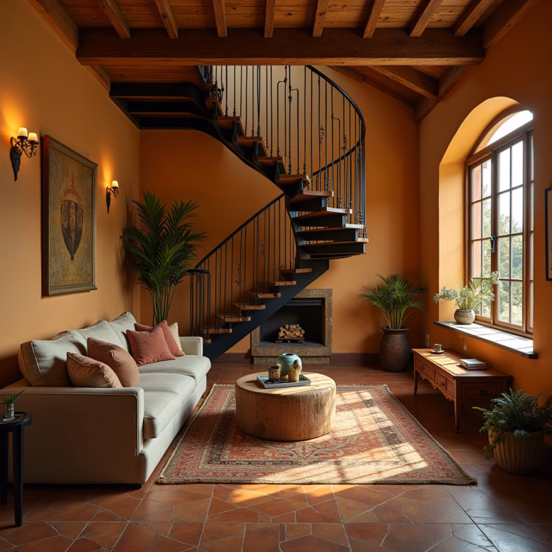 Living room with iron staircase and built-in lighting, warm tones, cozy atmosphere, Brazilian Sala com escada de ferro e iluminação embutida.