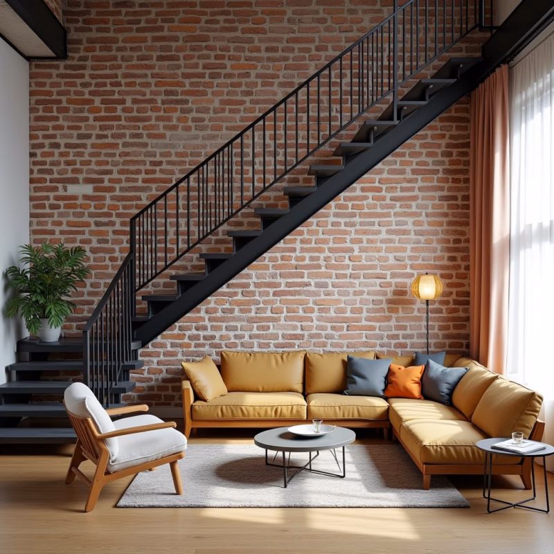 Living room with iron staircase and exposed brick wall, industrial style, modern furniture, bright Sala com escada de ferro e parede de tijolinho.