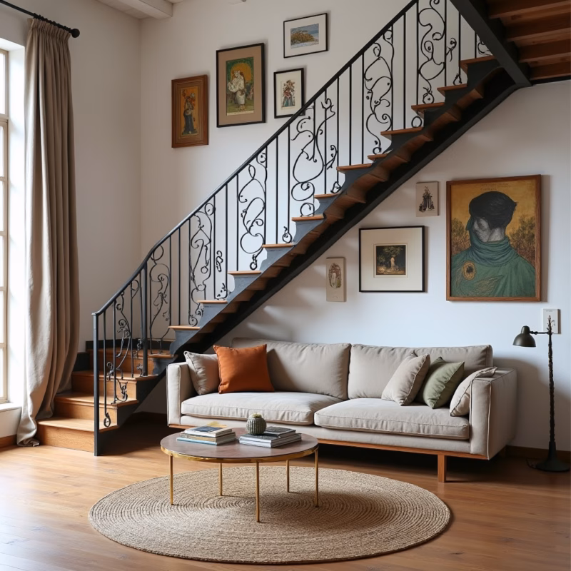 Living room with iron staircase and gallery wall, creative arrangement, personal touch, Brazilian Sala com escada de ferro e quadros na parede.