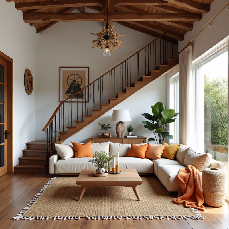 Living room with iron staircase and rope details, nautical style, charming decor, bright colors, Escada de ferro com detalhes em corda.