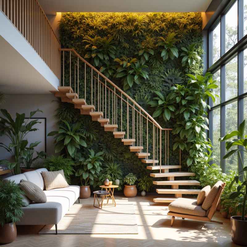 Living room with iron staircase and vertical garden, plants, fresh atmosphere, Brazilian style, Sala com escada de ferro e jardim vertical.