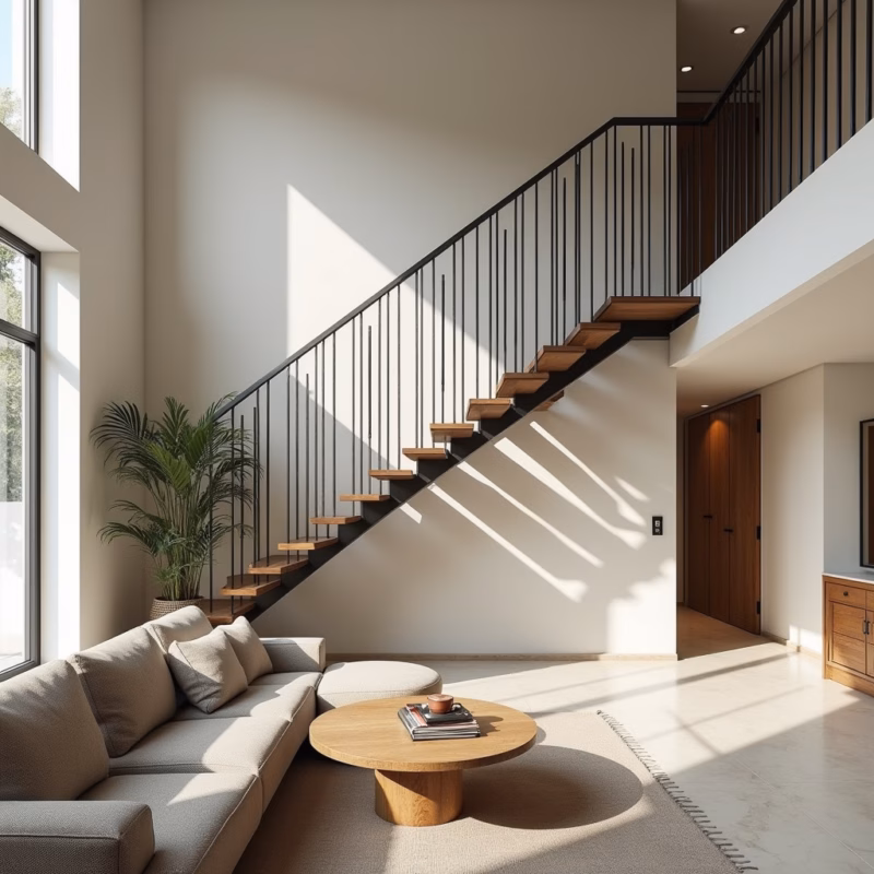 Living room with suspended iron staircase, minimalist design, natural light, wooden accents, Sala pequena com escada suspensa de ferro.