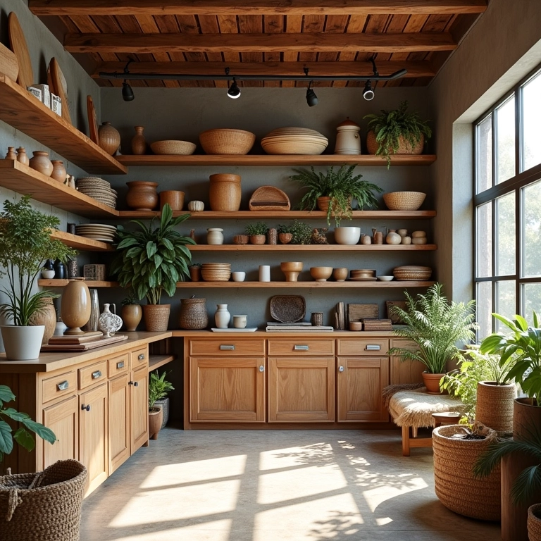 Loja artesanal exibindo materiais de construção sustentáveis.