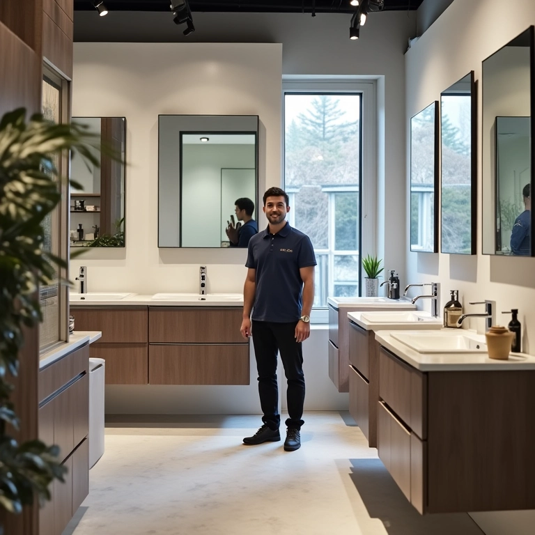 Loja de banheiros com diversos armários espelhados em exposição e atendente simpática.