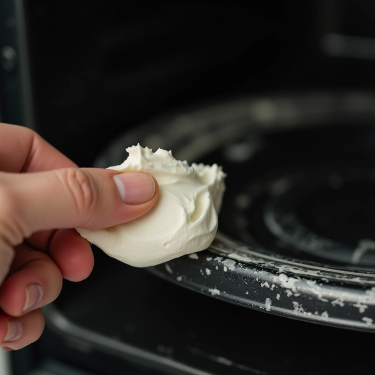 Mão aplicando pasta de bicarbonato de sódio dentro do forno elétrico.