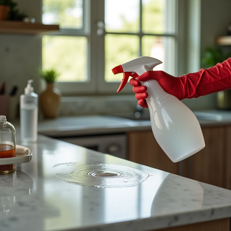 Mão limpando balcão da cozinha com multiuso e álcool 70%.