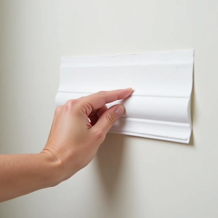 Mão removendo cuidadosamente moldura de EVA autocolante da parede.
