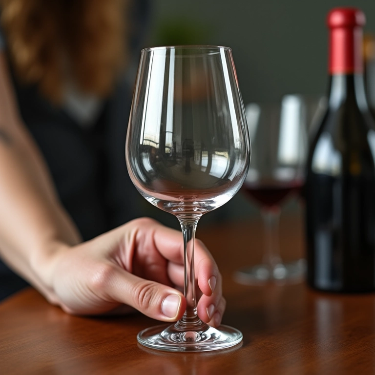 Mão selecionando taça de vinho de um organizador elegante.
