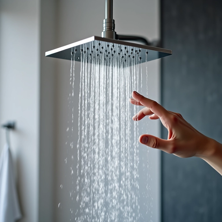 Mão tocando um chuveiro de teto de metal de alta qualidade.