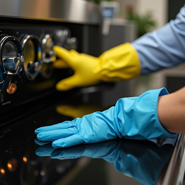 Mãos com luvas de proteção e óculos de segurança antes de limpar o forno elétrico.