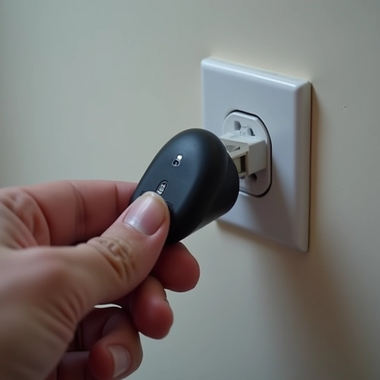 Mãos conectando facilmente um simulador de TV em uma tomada.