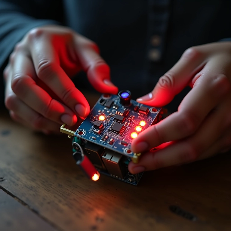 Mãos criando um simulador de TV caseiro com materiais reciclados e luzes de LED.