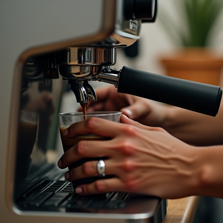 Mãos experientes utilizando uma cafeteira expresso em um ambiente doméstico brasileiro.