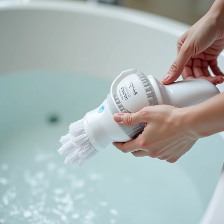 Mãos limpando os jatos de hidromassagem com uma escova.