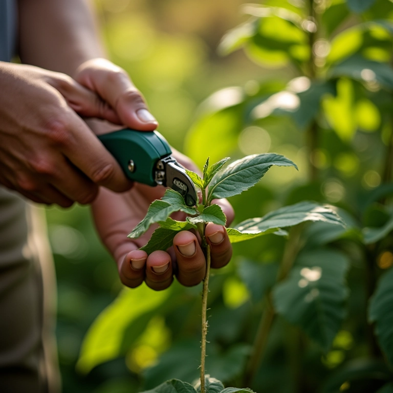 Mãos podando planta com tesoura de jardinagem.