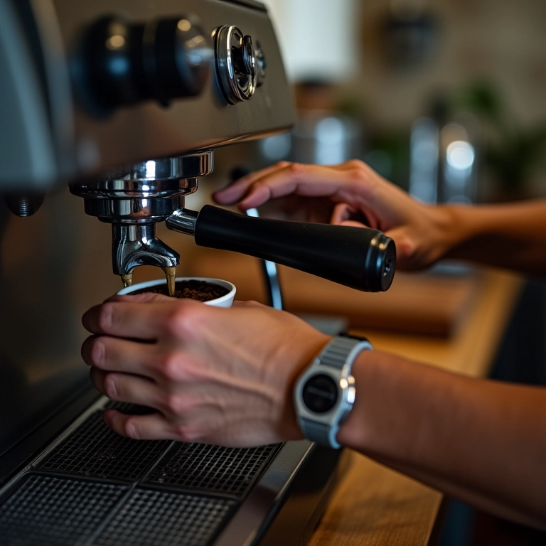Mãos preparando um café expresso em uma cafeteira manual em uma cozinha rústica brasileira.