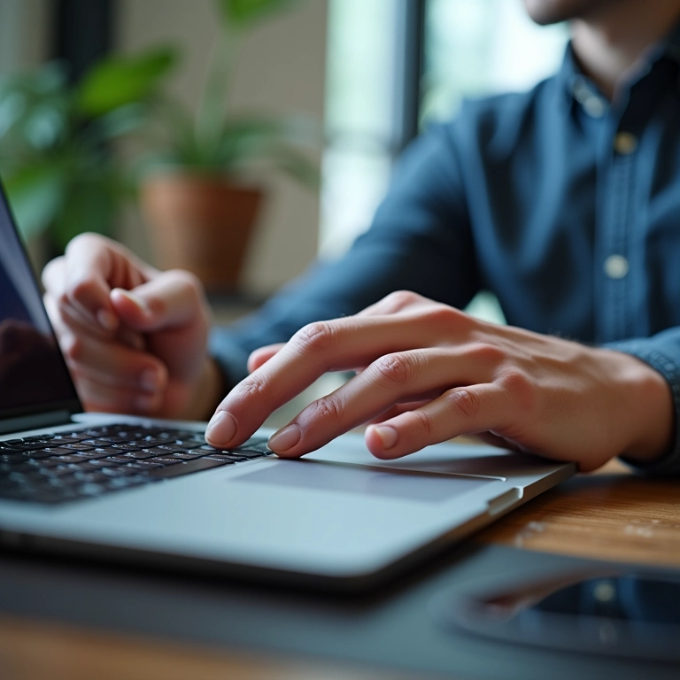 Mãos transferindo milhas entre contas no laptop, mensagem de confirmação.
