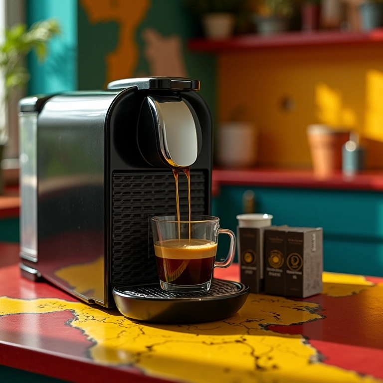 Máquina Nespresso em uma bancada colorida com cápsulas de café.