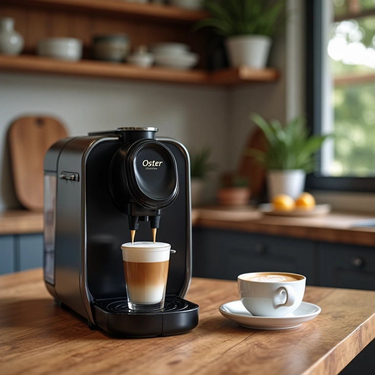 Máquina Oster em uma cozinha moderna com latte art em uma xícara.