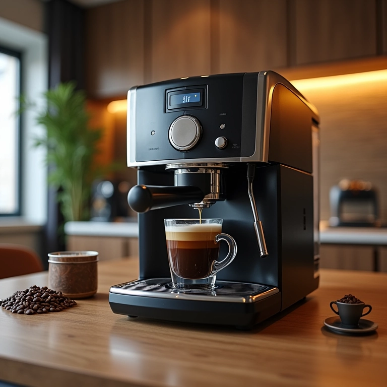 Máquina Saeco em um apartamento estiloso com grãos de café por perto.