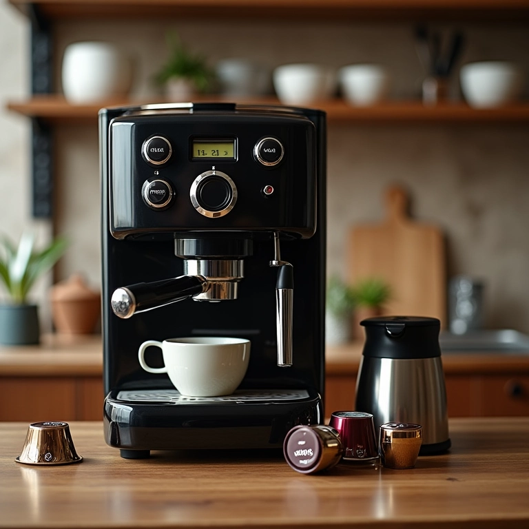 Máquina Três Corações em uma cozinha brasileira com cápsulas de café variadas.
