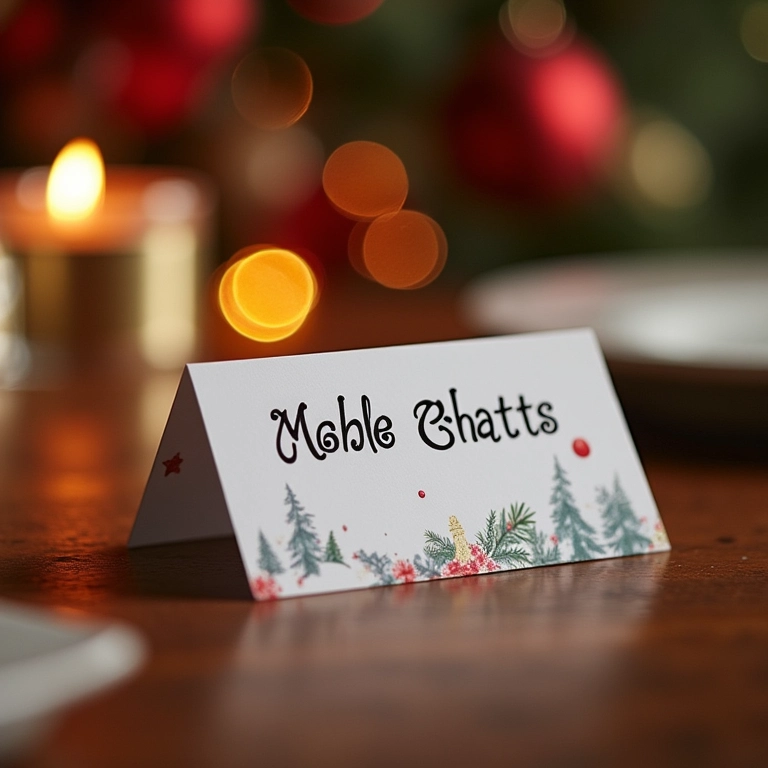 Marcadores de lugar personalizados na mesa de Natal.