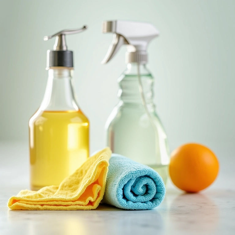 Materiais de limpeza para forno: bicarbonato, vinagre, borrifador e pano.