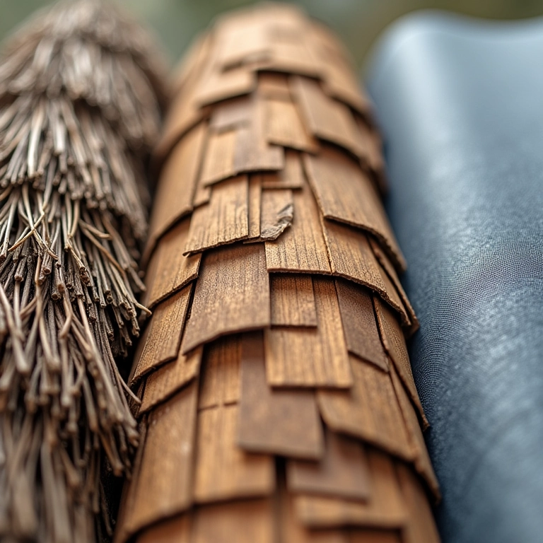 Materiais para cobertura de quiosque: palha, madeira e tecido.