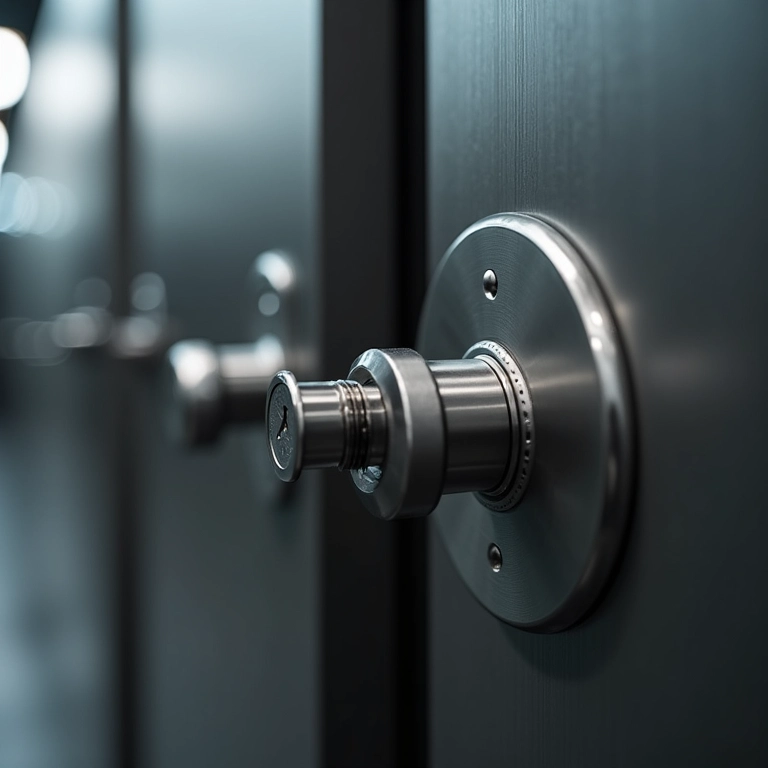 Mecanismo de trava reforçado em porta de aço.