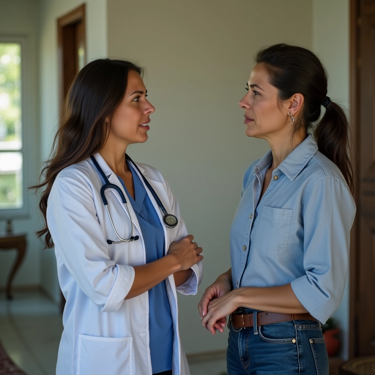 Médico conversando com mulher preocupada em casa com mofo visível.