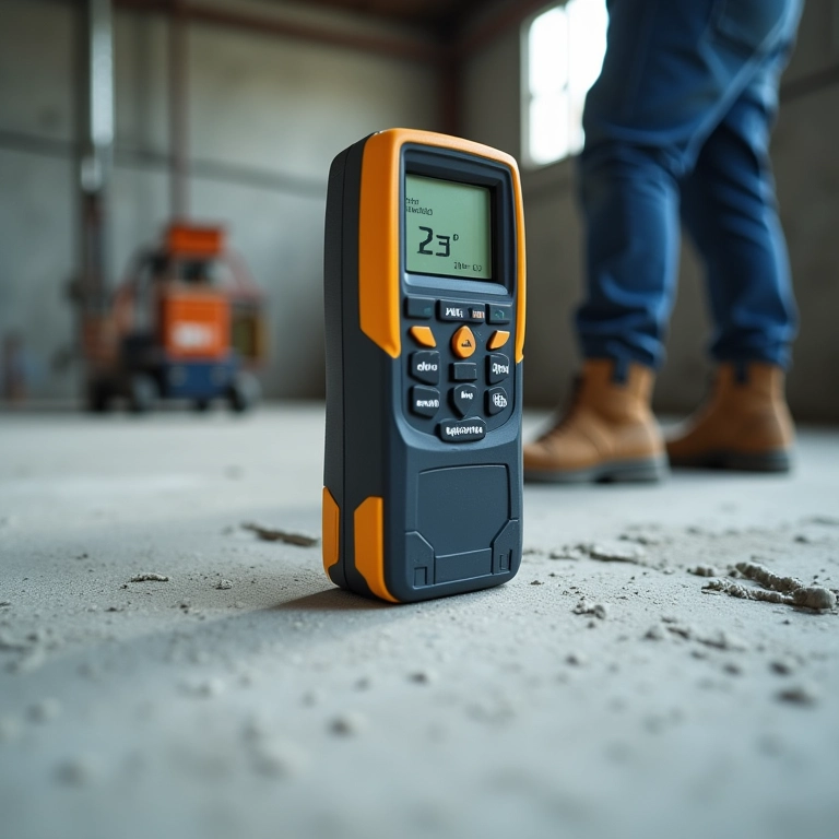 Medidor de capacitância sendo usado em um piso de concreto para verificar a umidade.