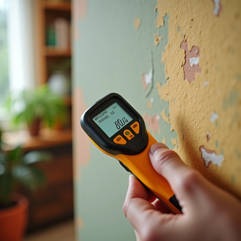 Medidor de resistência elétrica sendo usado em drywall com decoração Farm Rio ao fundo.