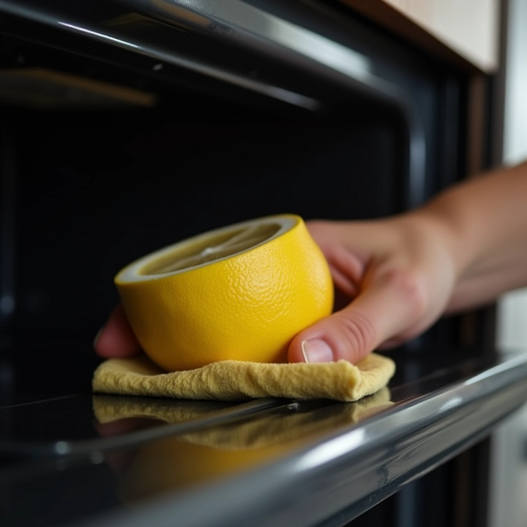 Meio limão sendo usado para limpar o interior do forno elétrico.