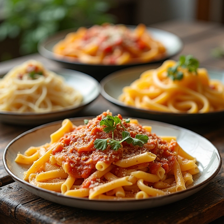 Mesa com diversos tipos de massas servidas em pratos fundos e rasos, demonstrando versatilidade.