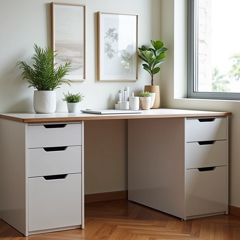 Mesa de canto com gavetas embutidas.