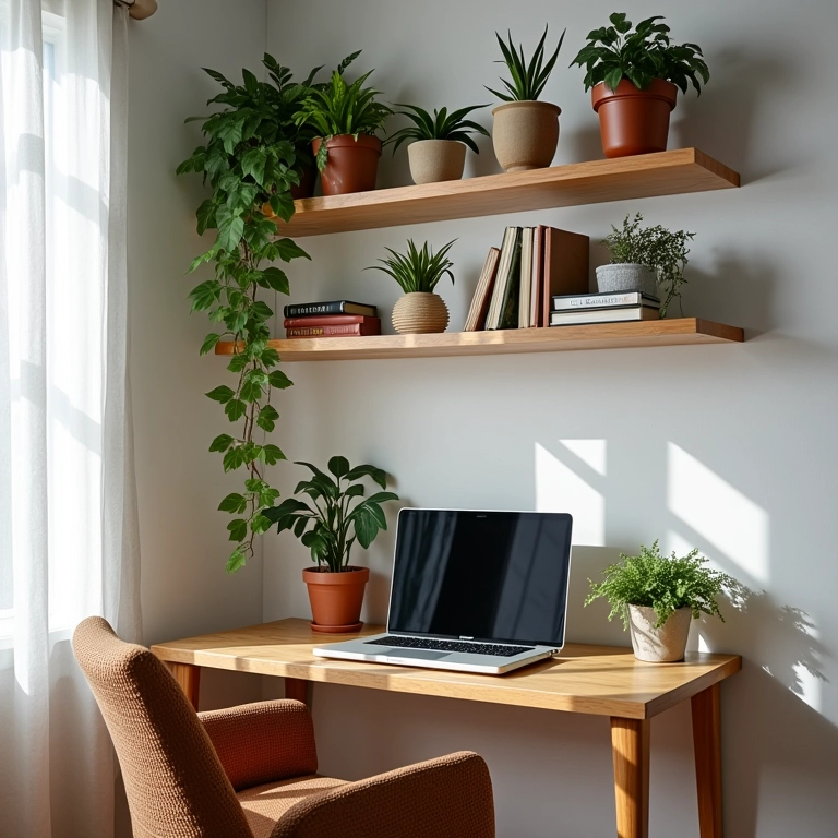 Mesa de canto com prateleiras suspensas.