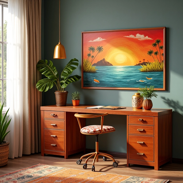 Mesa de canto combinando com a decoração do quarto.