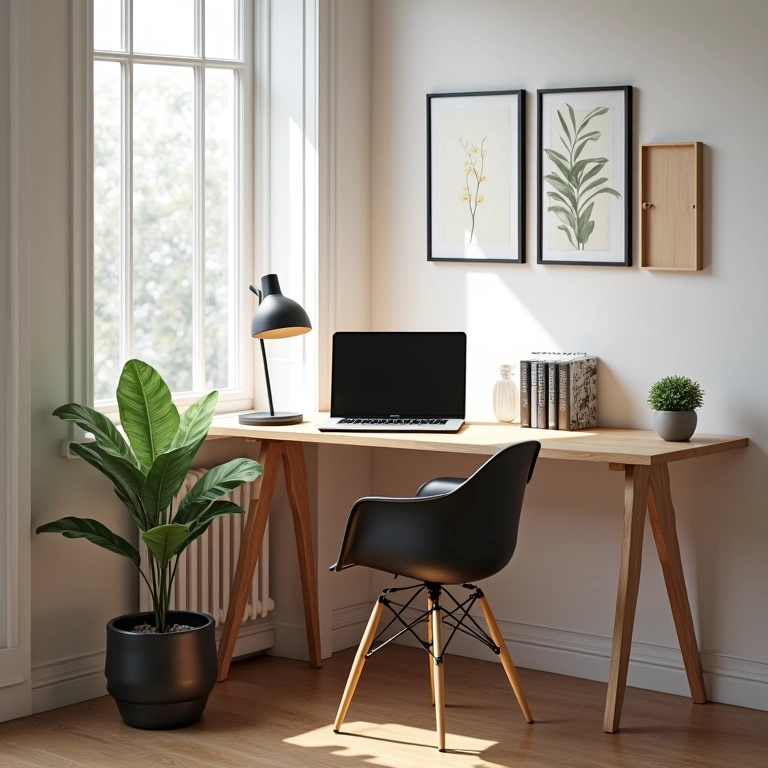 Mesa de canto funcional em um pequeno escritório.