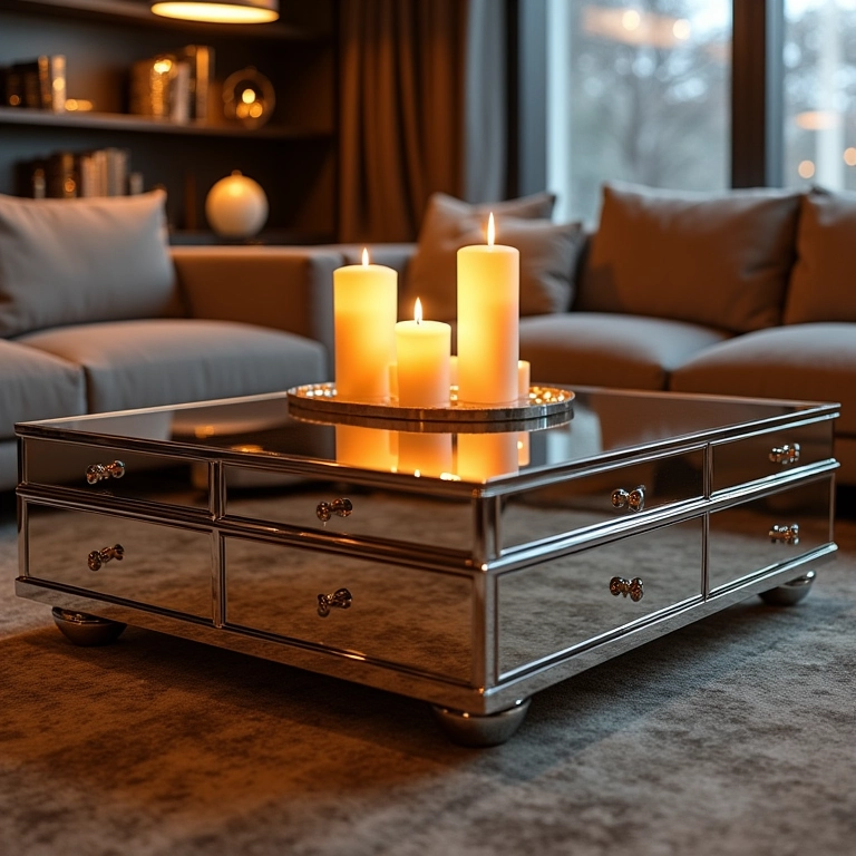 Mesa de centro com gavetas espelhada: glamour e refinamento.
