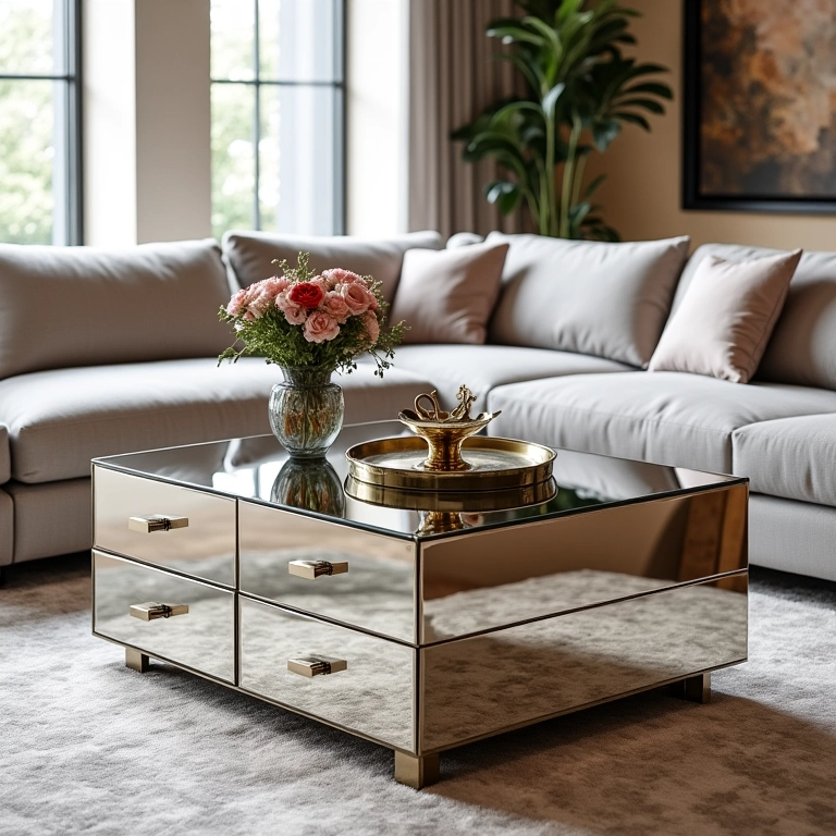 Mesa de centro com gavetas espelhada: toque de glamour.
