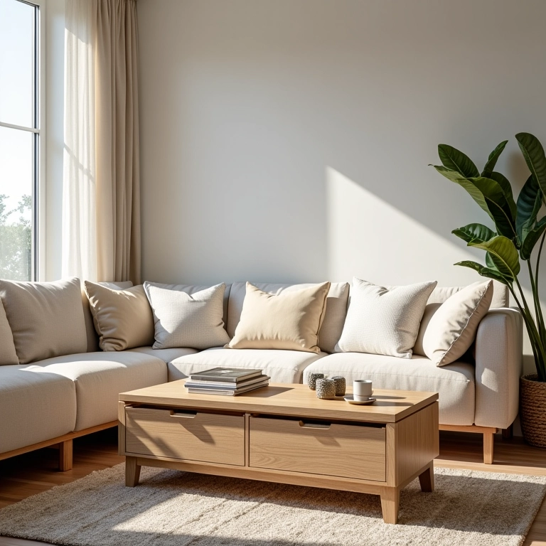 Mesa de centro com gavetas otimizando espaço em apartamento.