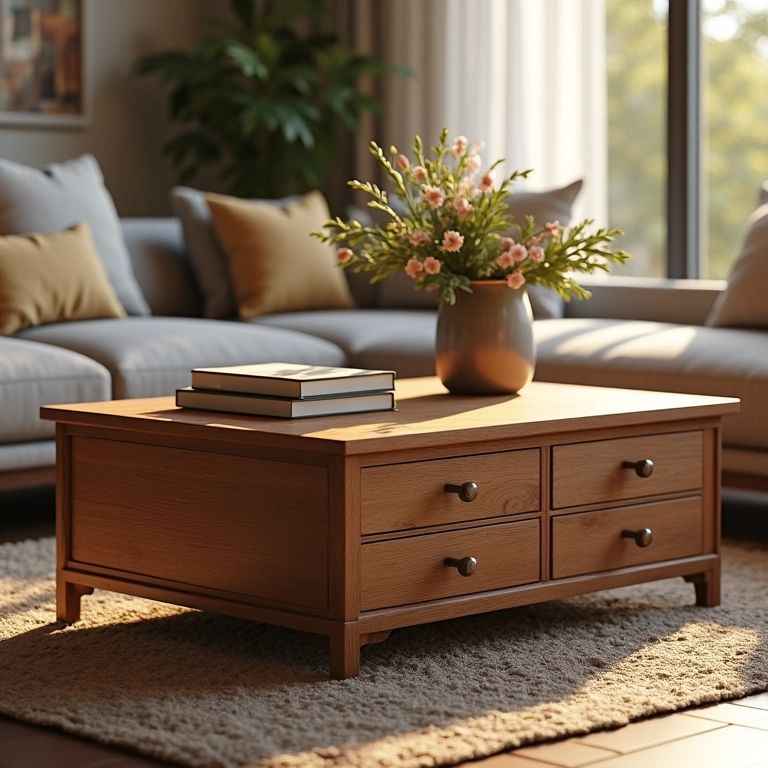 Mesa de centro de madeira com gavetas: elegância atemporal.