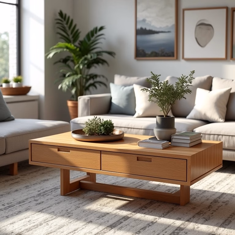 Mesa de centro de madeira com gavetas em sala de estar aconchegante.