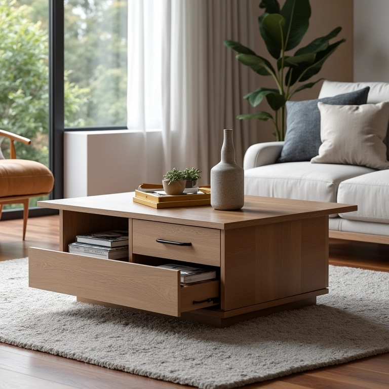 Mesa de centro elevável com gavetas: versatilidade e conforto.