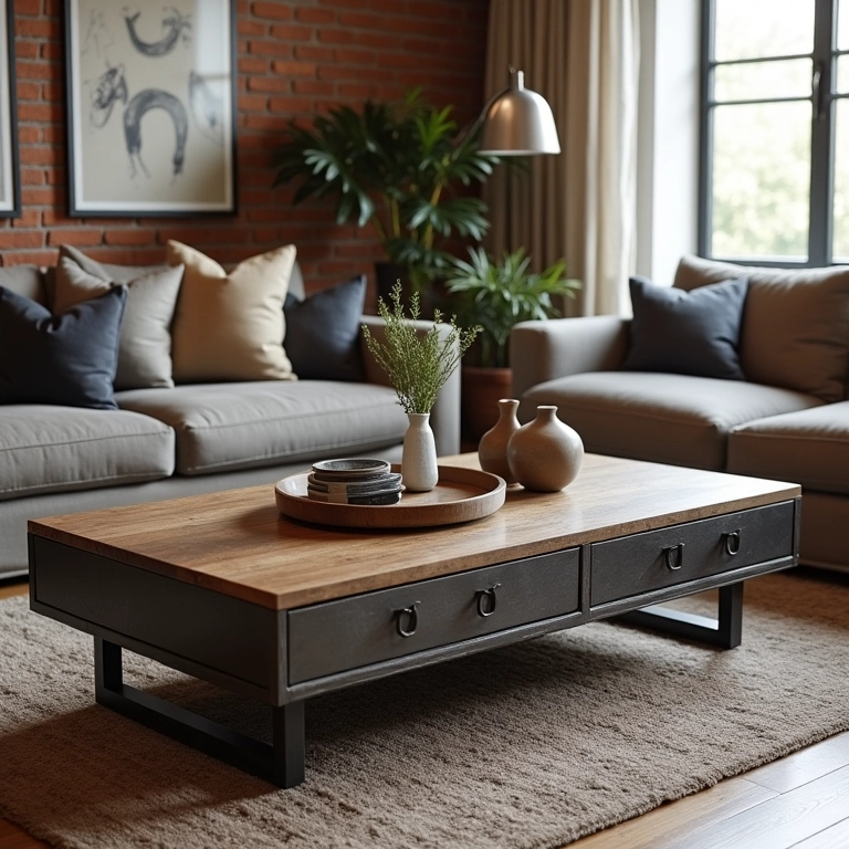 Mesa de centro industrial com gavetas em uma sala moderna.