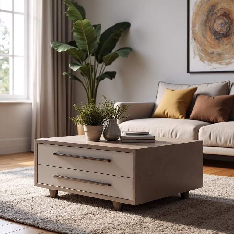 Mesa de centro moderna com gavetas em sala de estar vibrante.