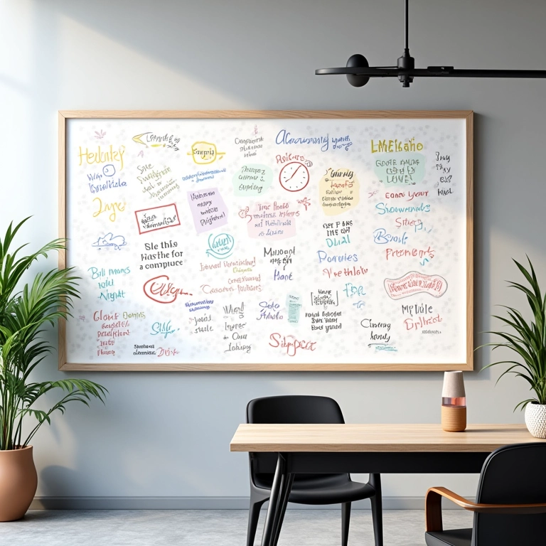 Mesa de escritório com lousa com desenhos coloridos e frases inspiradoras.