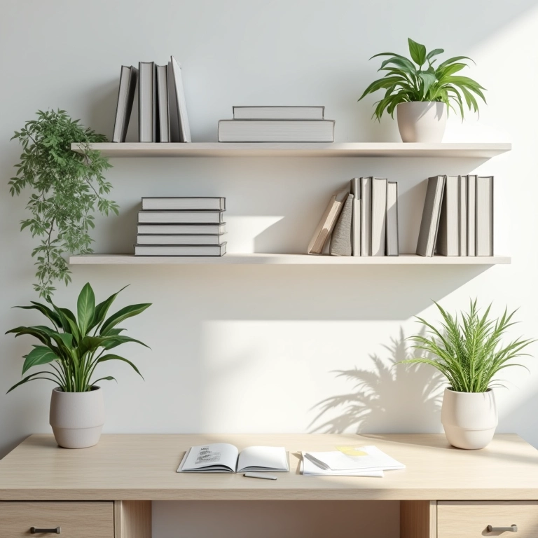 Mesa de escritório de parede com prateleiras para organização.